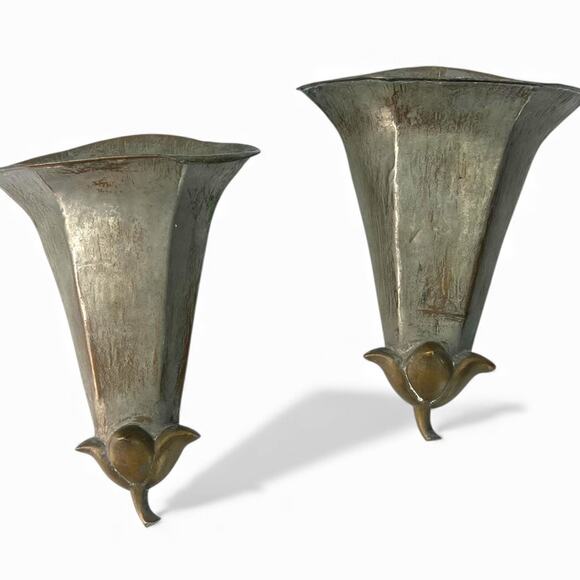 pair vintage 2 silver-plate wall pocket planters sconce wall metal flower Lily - Picture 1 of 11